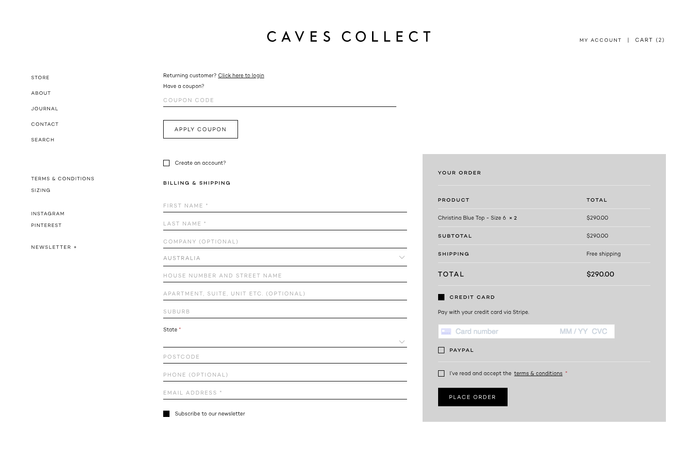 Caves Collect Website - Store Page